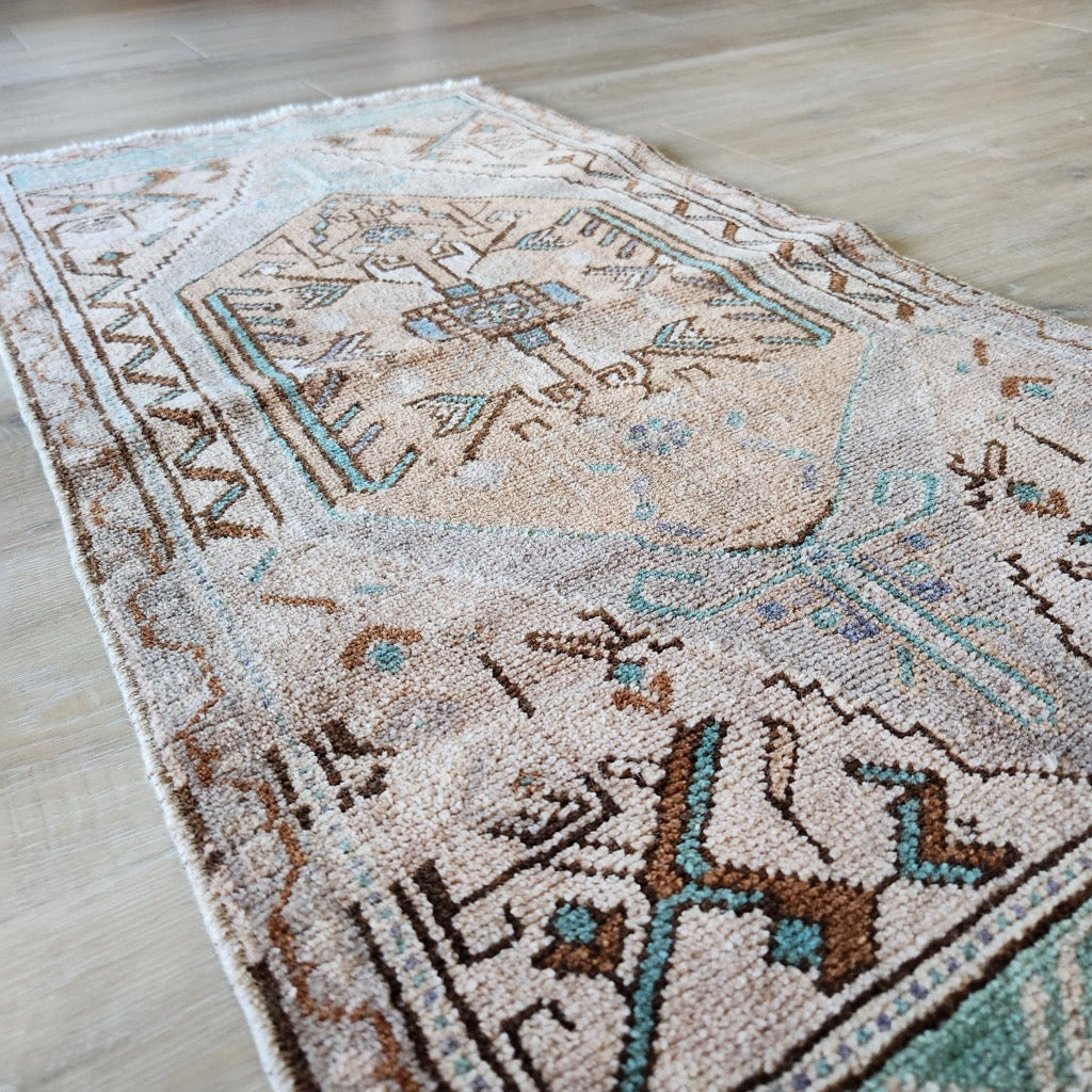 Vintage Hand Knotted Rug in Pink, Blue, and Purple by Tara Dennis Design