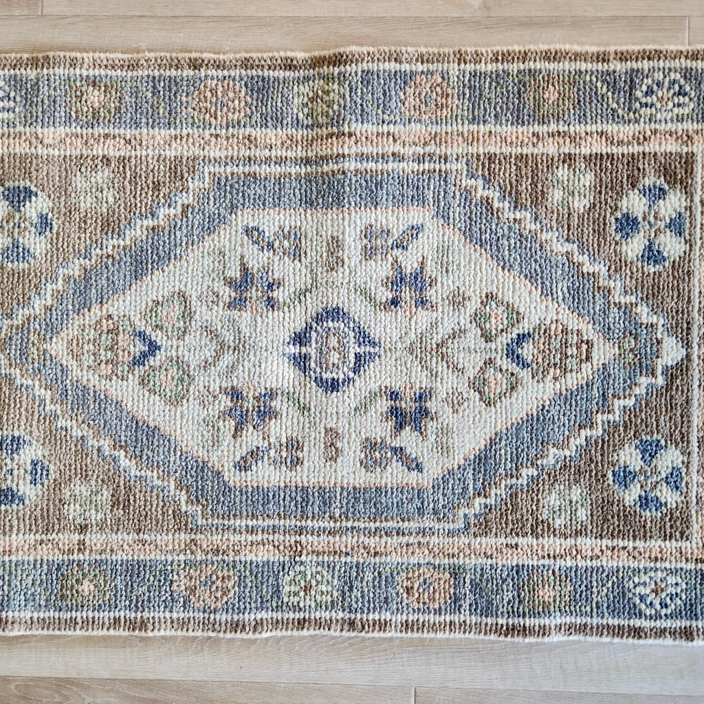 Designer Hand Knotted Rug in Blue, Brown, and Pink by Tara Dennis Design