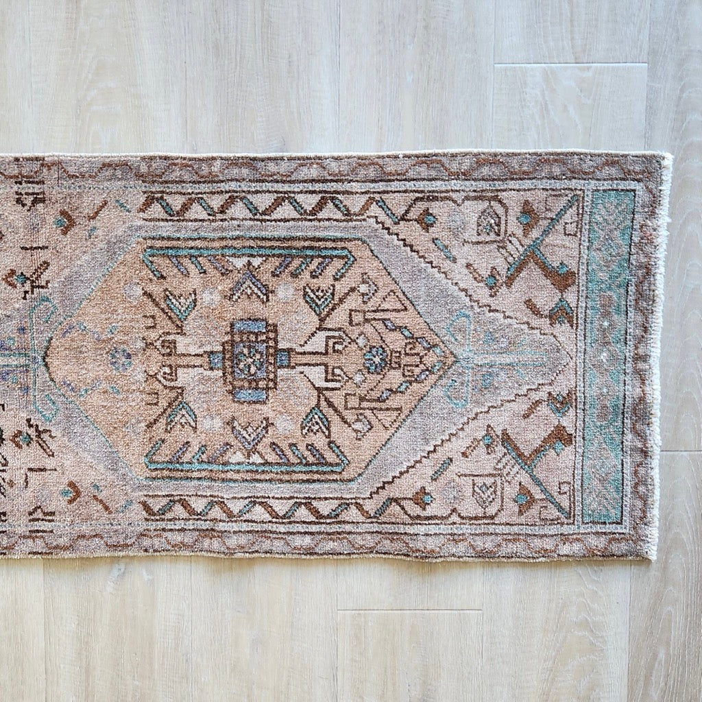 Vintage Hand Knotted Rug in Pink, Blue, and Purple by Tara Dennis Design