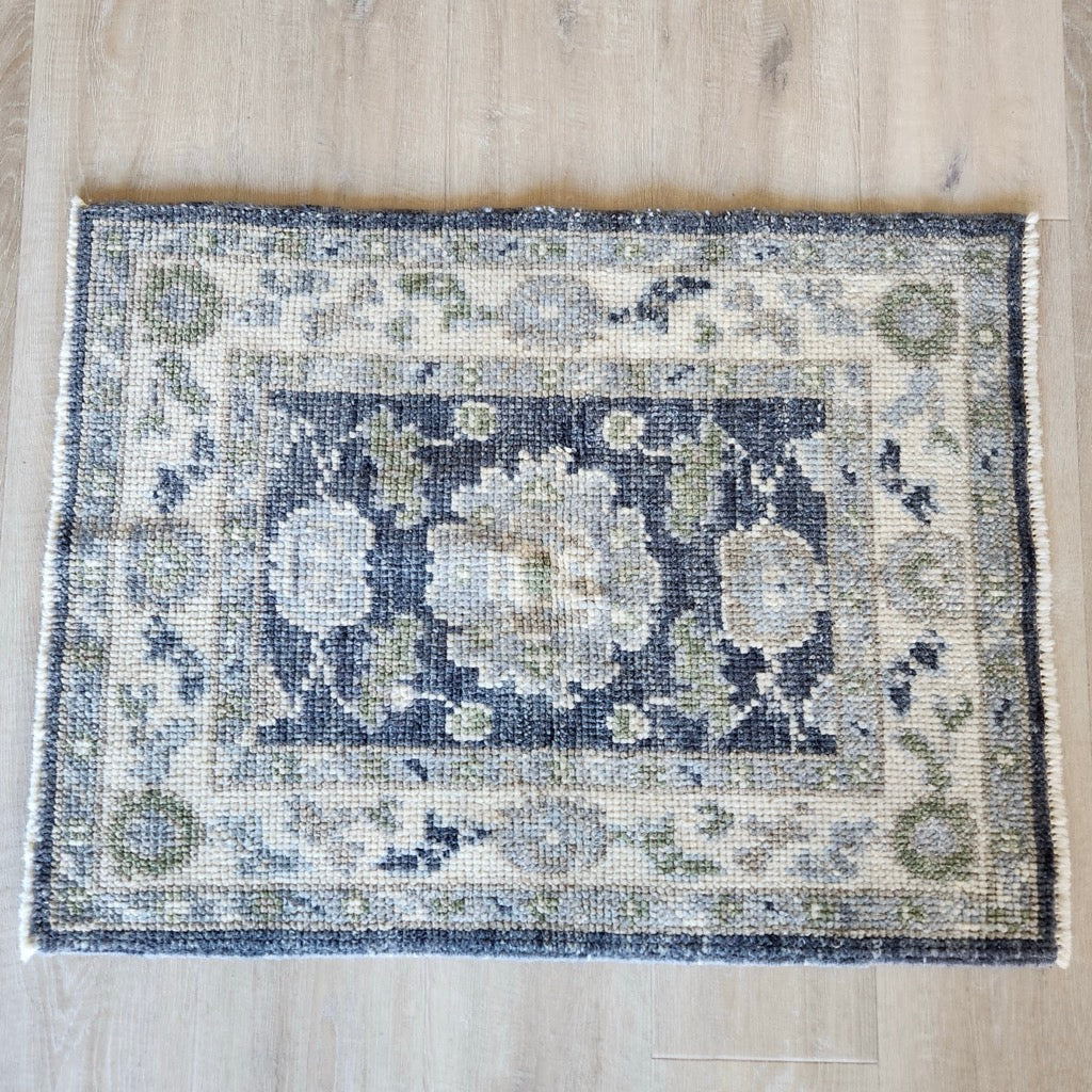Small Designer Hand Knotted Rug in Cream, Grey, Dark Blue by Tara Dennis Design