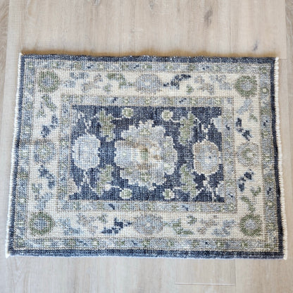 Small Designer Hand Knotted Rug in Cream, Grey, Dark Blue by Tara Dennis Design