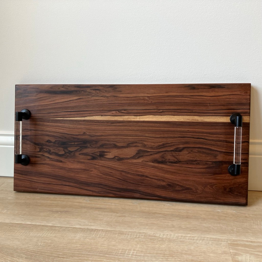 Serving Tray in Dark Wood with Black and Clear Handles by Rhino Woodworking