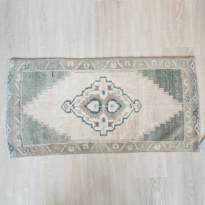 Vintage Hand Knotted Rug in Blush, Green, Brown and Blue by Tara Dennis Design