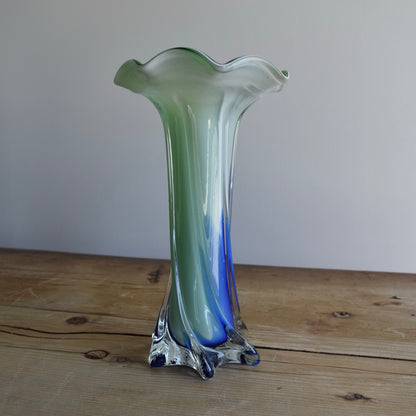 Vintage Green and Blue “Jack in the Pulpit” Glass Vase