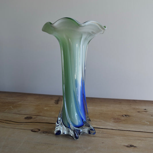 Vintage Green and Blue “Jack in the Pulpit” Glass Vase