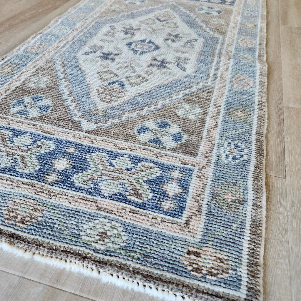 Designer Hand Knotted Rug in Blue, Brown, and Pink by Tara Dennis Design