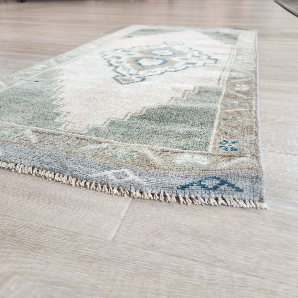 Vintage Hand Knotted Rug in Blush, Green, Brown and Blue by Tara Dennis Design