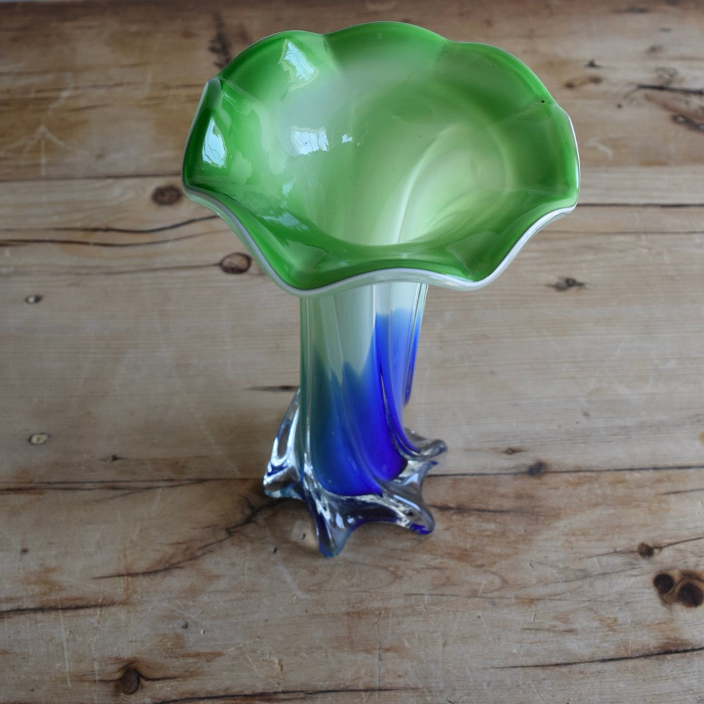 Vintage Green and Blue “Jack in the Pulpit” Glass Vase
