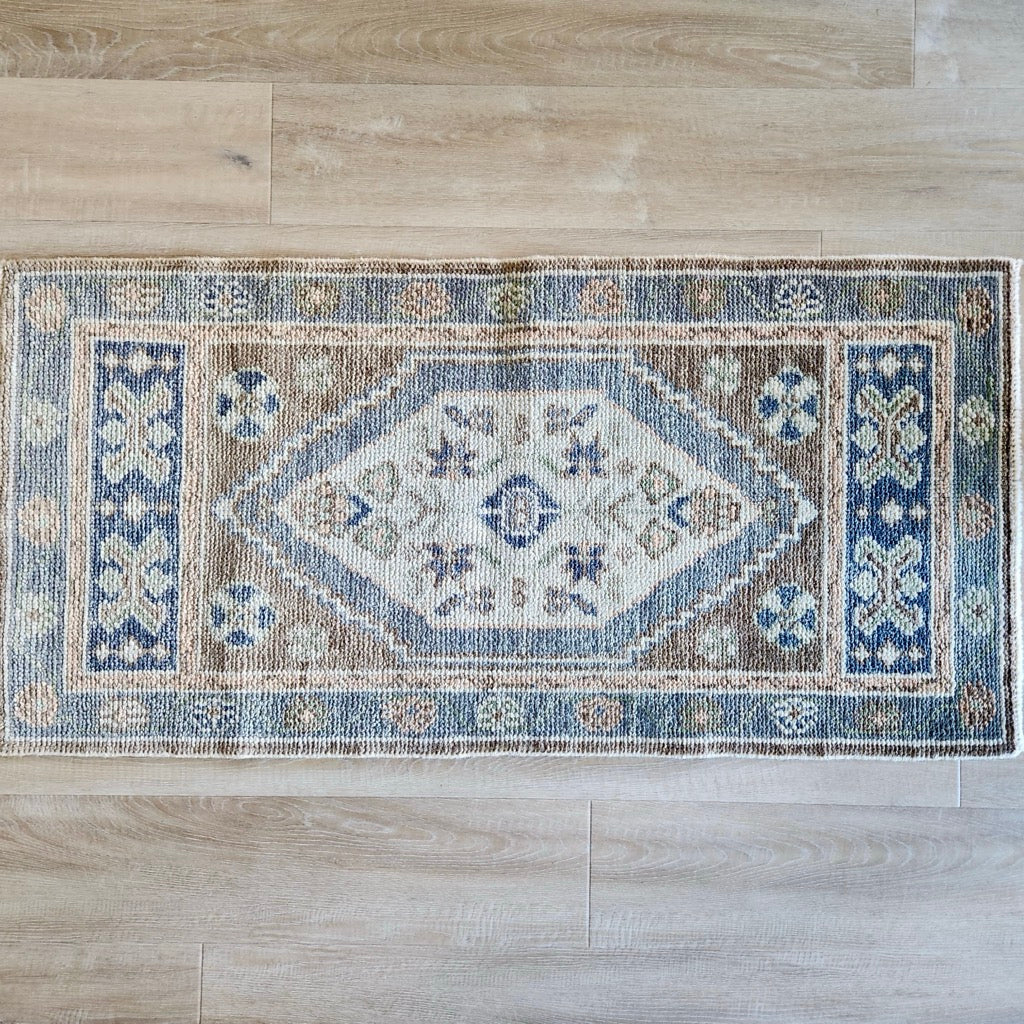 Designer Hand Knotted Rug in Blue, Brown, and Pink by Tara Dennis Design