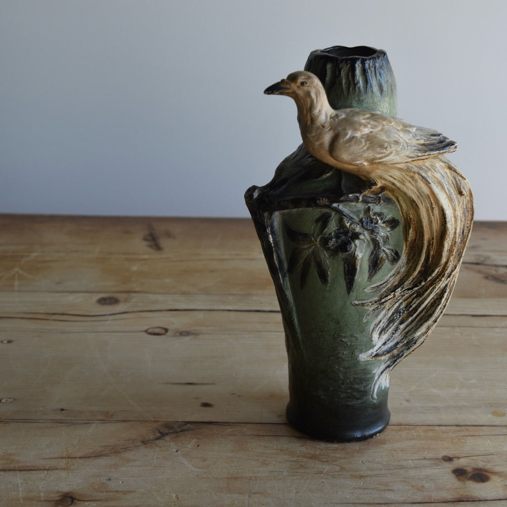 Found Peacock with Black and Green Vase
