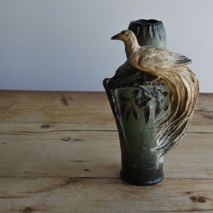 Found Peacock with Black and Green Vase