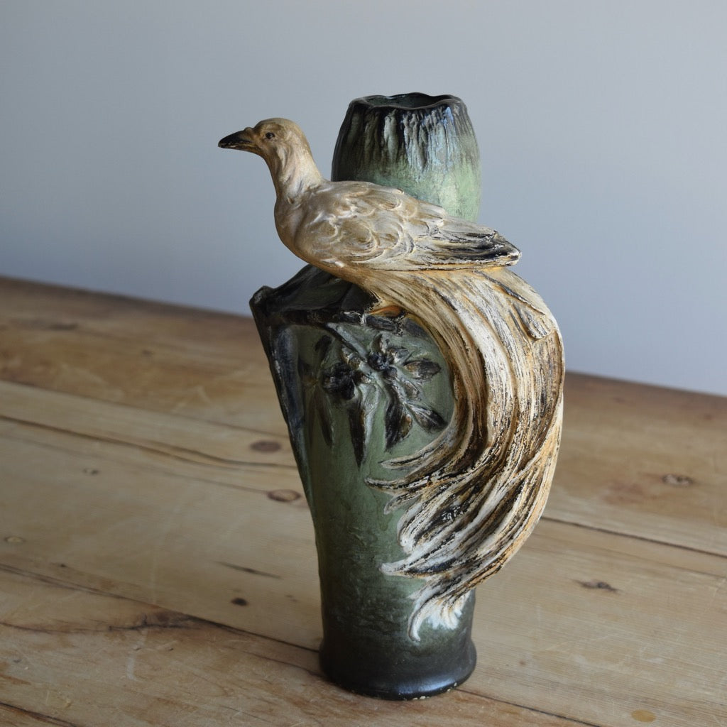 Found Peacock with Black and Green Vase