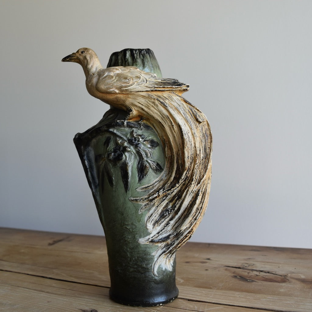 Found Peacock with Black and Green Vase