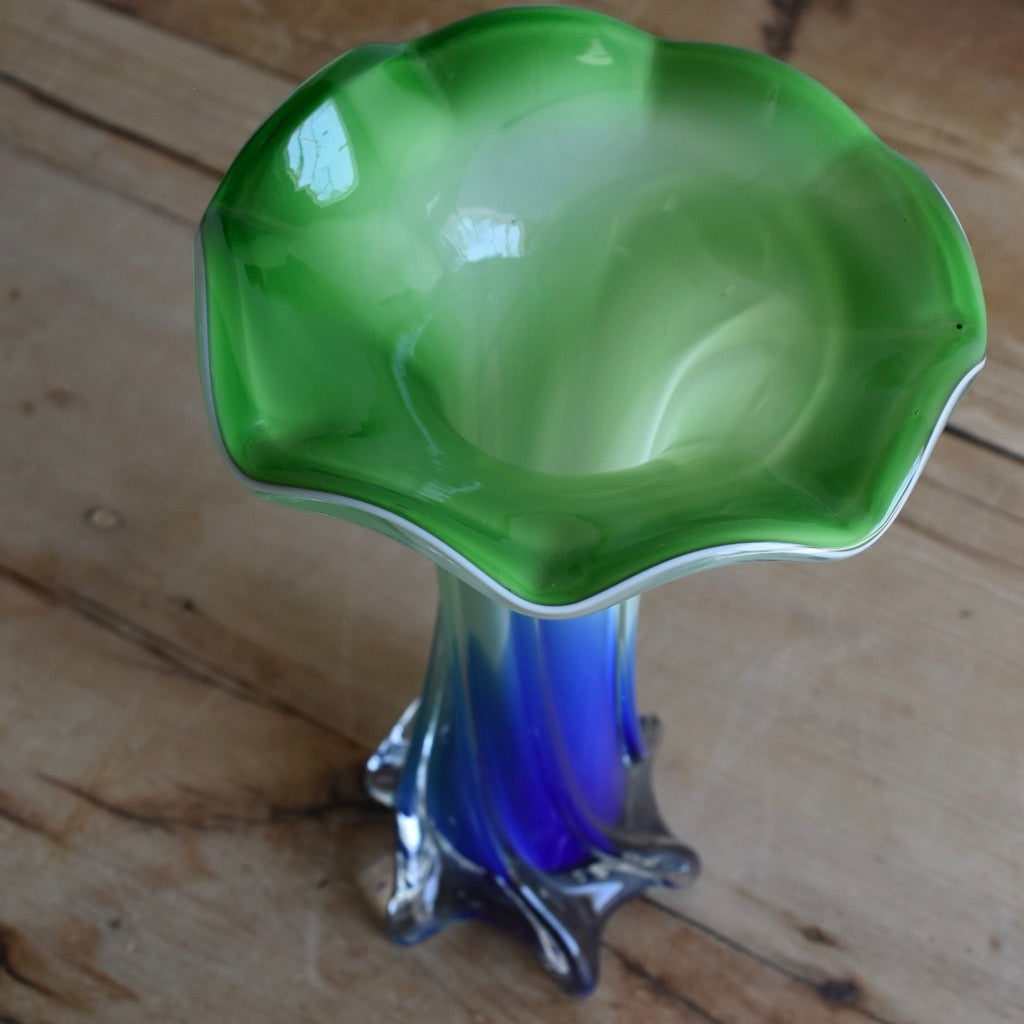 Vintage Green and Blue “Jack in the Pulpit” Glass Vase