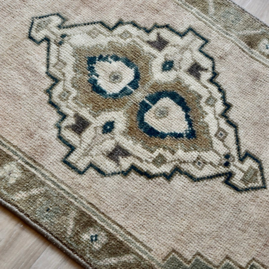 Vintage Hand Knotted Rug in Blush, Green, Brown and Blue by Tara Dennis Design