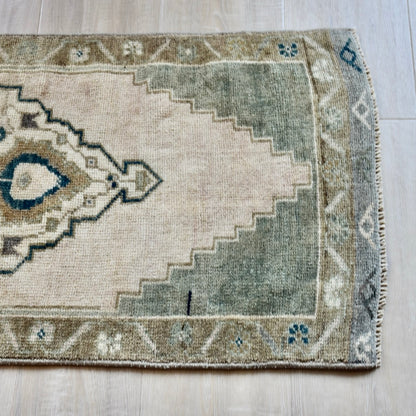 Vintage Hand Knotted Rug in Blush, Green, Brown and Blue by Tara Dennis Design