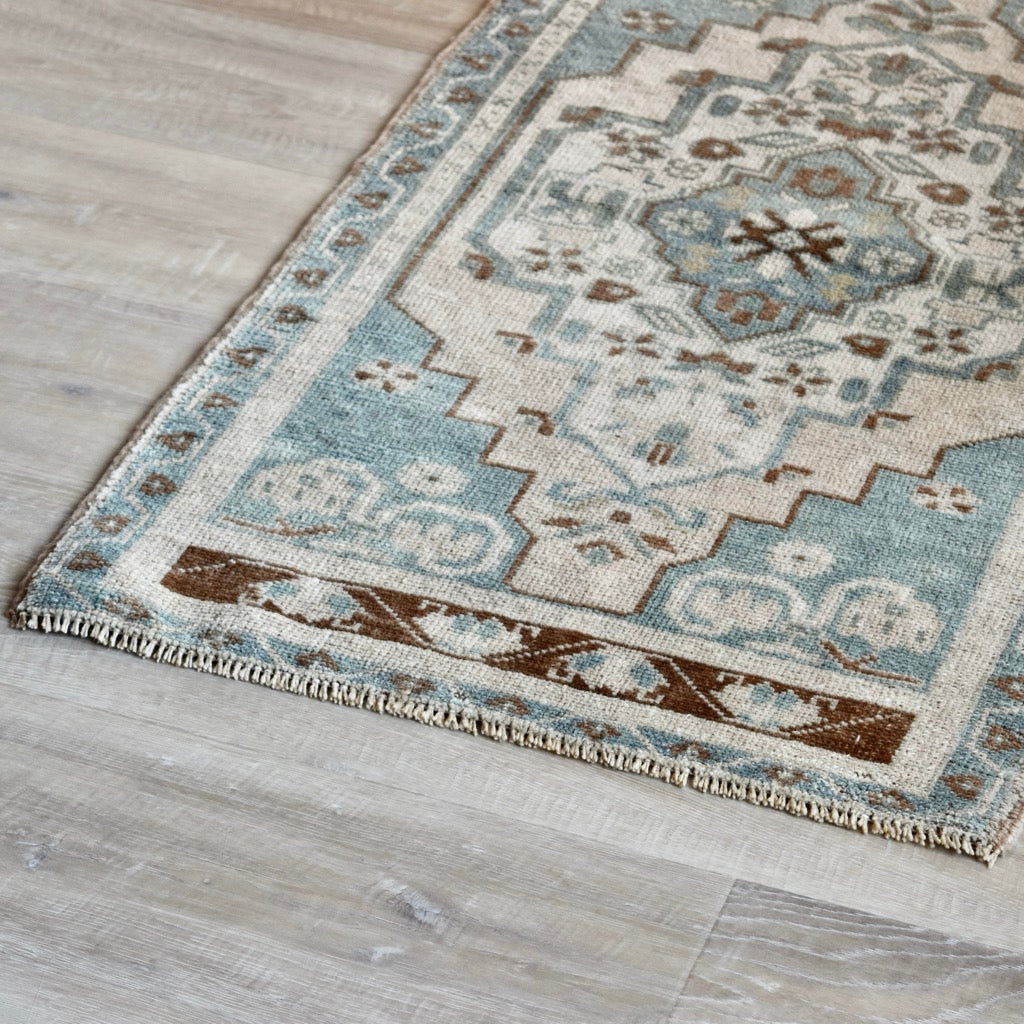 Vintage Hand Knotted Rug in Sea Foam, Blush and Brown by Tara Dennis Design