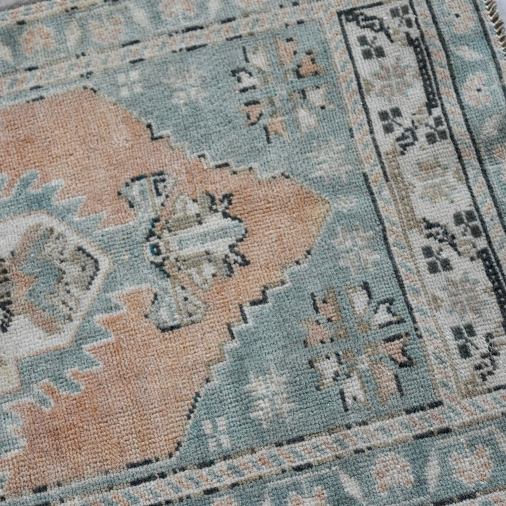 Vintage Hand Knotted Rug in Salmon and Turquoise by Tara Dennis Design