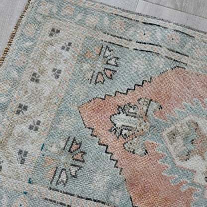 Vintage Hand Knotted Rug in Salmon and Turquoise by Tara Dennis Design