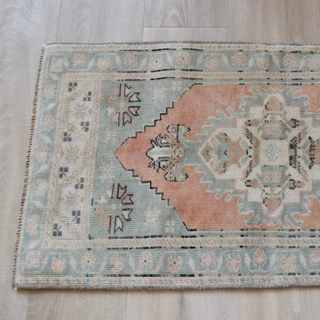 Vintage Hand Knotted Rug in Salmon and Turquoise by Tara Dennis Design
