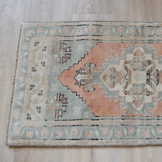 Vintage Hand Knotted Rug in Salmon and Turquoise by Tara Dennis Design