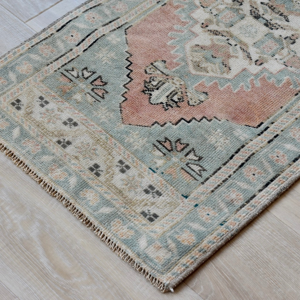 Vintage Hand Knotted Rug in Salmon and Turquoise by Tara Dennis Design