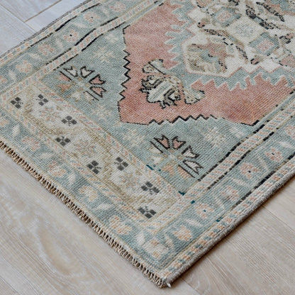 Vintage Hand Knotted Rug in Salmon and Turquoise by Tara Dennis Design