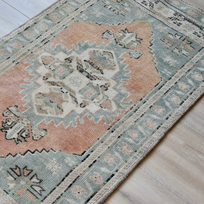 Vintage Hand Knotted Rug in Salmon and Turquoise by Tara Dennis Design