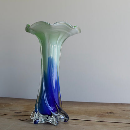 Vintage Green and Blue “Jack in the Pulpit” Glass Vase