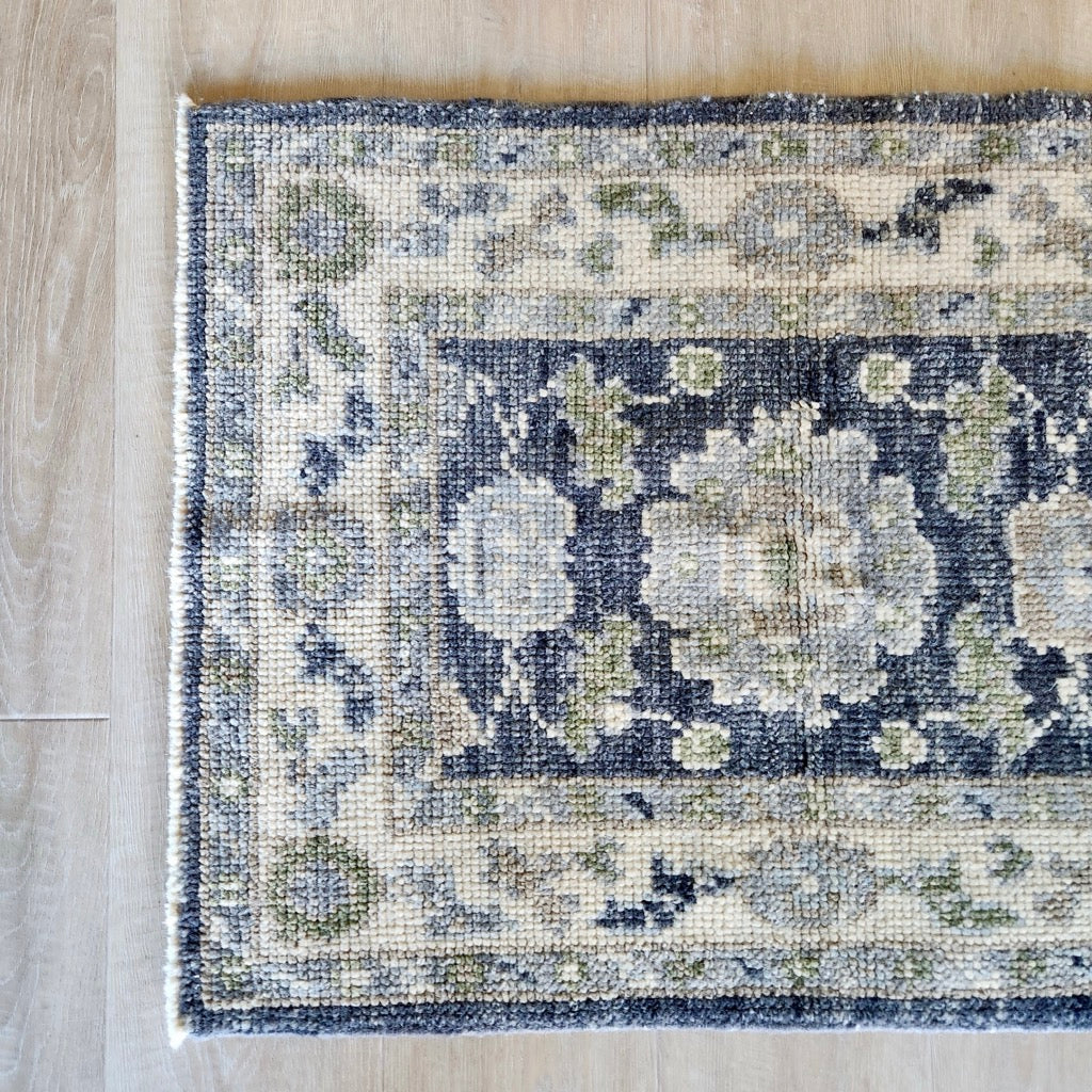 Small Designer Hand Knotted Rug in Cream, Grey, Dark Blue by Tara Dennis Design