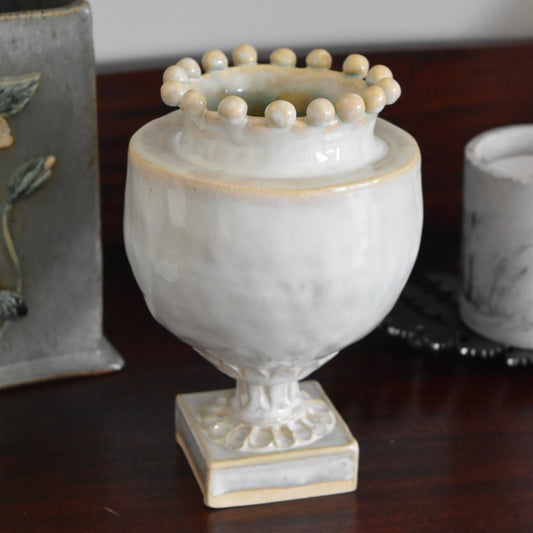 Round Cream Pinched Vase by Rene Stratton