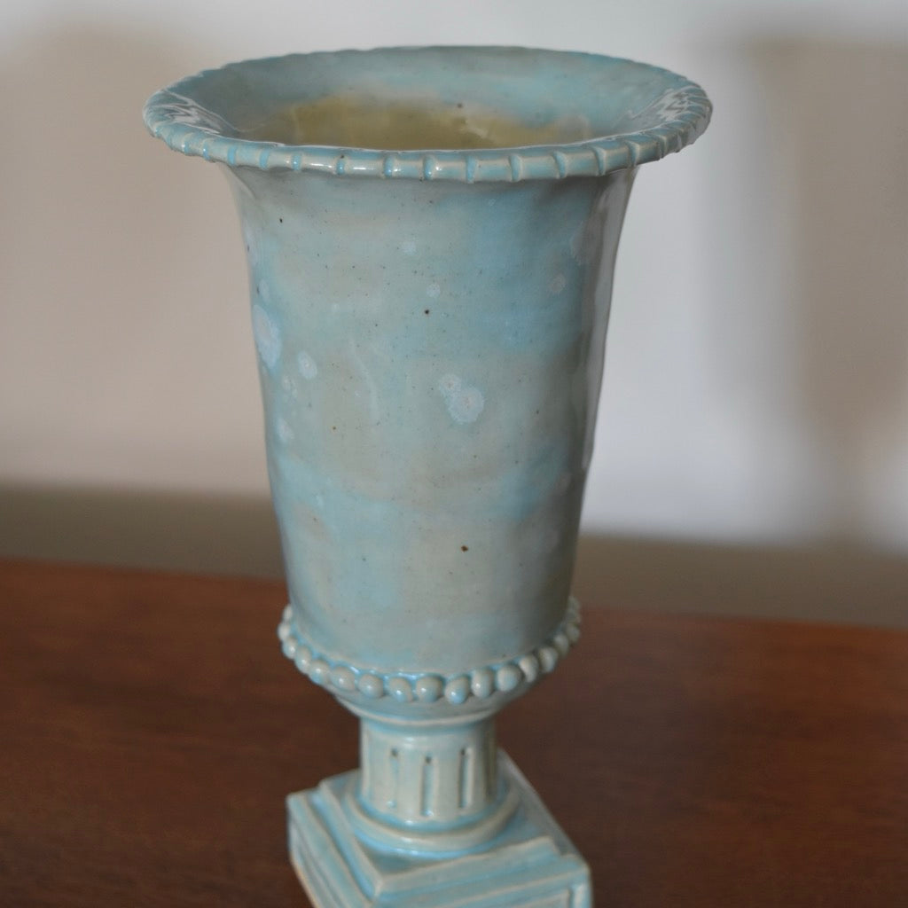 Tall Teal Pinched Vase by Rene Stratton